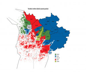 Kartta toiseksi eniten ääniä saaneista puolueista kunnittain