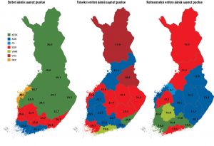 Kartta kolmesta eniten äänestä saaneesta puolueesta maakunnittain