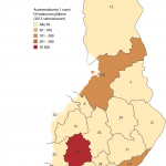 Kartta vuonna 2013 DI:ksi valmistuneiden asuinmaakunnista vuosi valmistumisen jälkeen