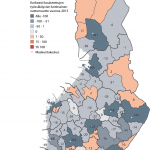 Kartta korkeasti koulutettujen työsskäyvien nettomuutosta maakunnittain 2014