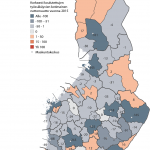 Kartta korkeasti koulutettujen työsskäyvien nettomuutosta maakunnittain 2015