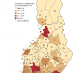 Kartta DI-tutkinnon suorittaneiden osuudesta kaikista työllisistä maakunnittain 2014