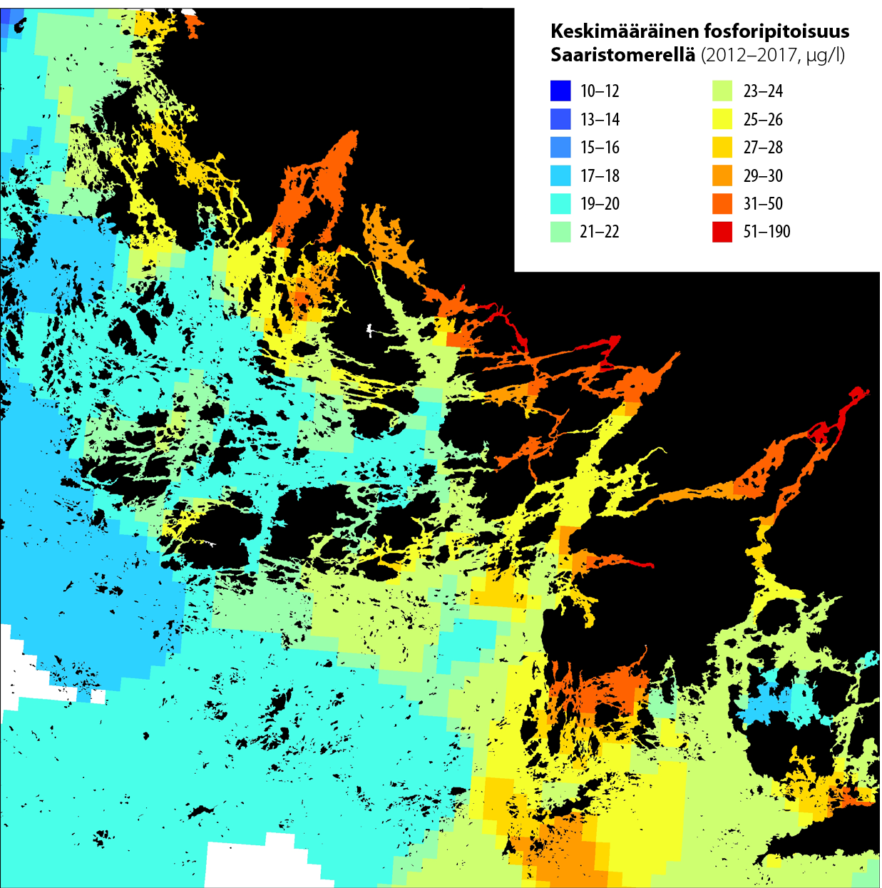 Kartta Saaristomeren keskimääräisestä fosforipitoisuudesta 2012-2017