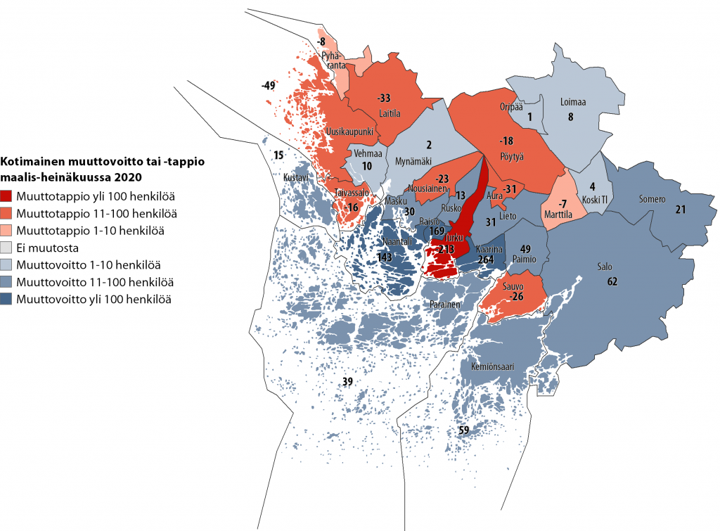 Karttakuva kuntien välisestä nettomuutosta Varsinais-Suomessa