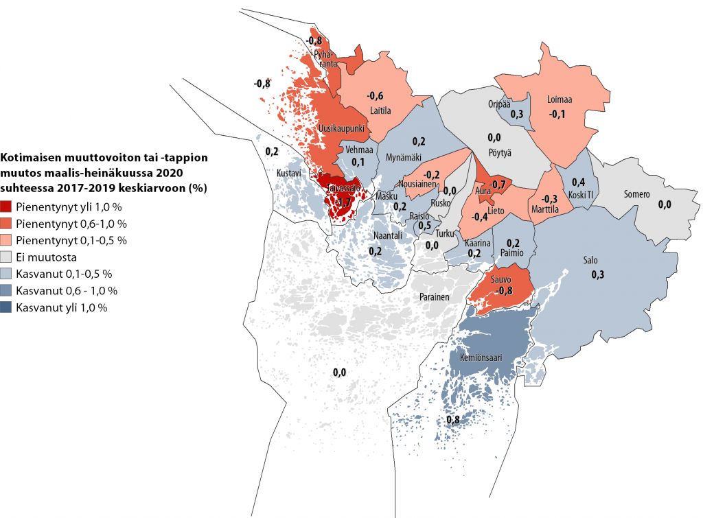 Karttakuva kuntien välisestä nettomuuton muutoksesta Varsinais-Suomessa