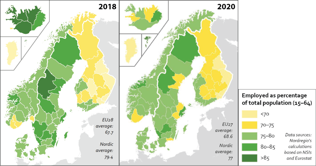 Kartta työllisyysasteesta pohjoismaiden maakunnissa 2018 ja 2020